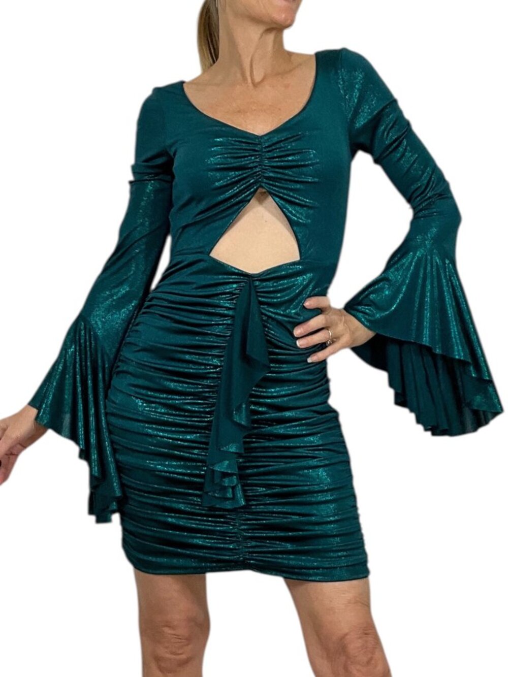 PatBo Jersey Foil Dress 8 Emerald Metallic Dark Green Mini Bodycon NEW - Picture 2 of 16